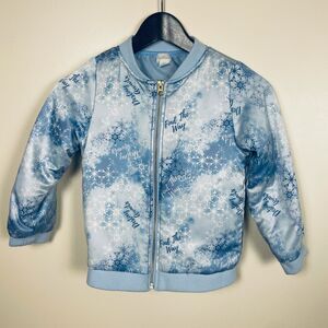 Disney Frozen II JACKET Size 7/8 Blue White Snowflake Graphic Sliver Preloved